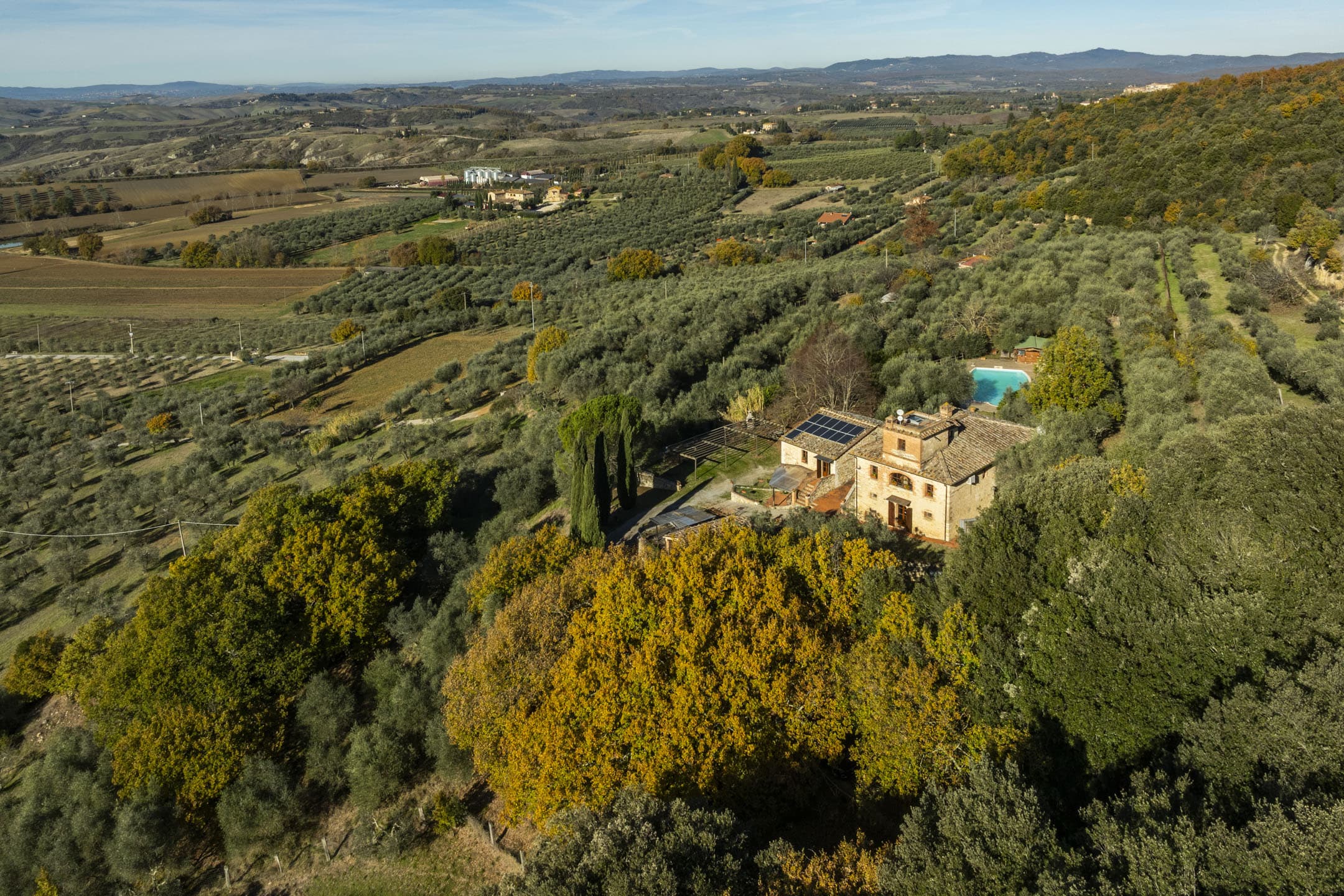 18th-century villa with turret, pool, and olive grove, Rapolano Terme
